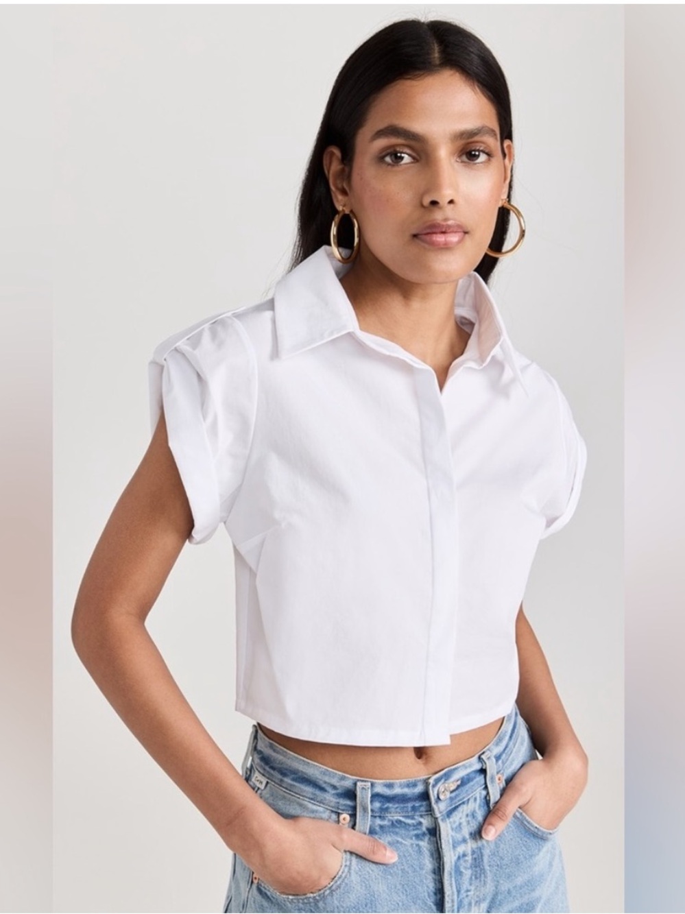 HEVRON Leonora Collared Short Sleeve Cuffed Cropped White Button-Up Blouse Sz M